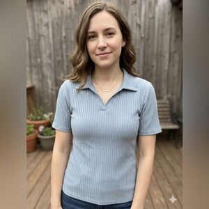 SHEIN Light Blue Ribbed Polo Top
